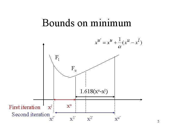 Bounds on minimum Fl Fu 1. 618(xu-xl) xl First iteration Second iteration l’ x Bounds on minimum Fl Fu 1. 618(xu-xl) xl First iteration Second iteration l’ x
