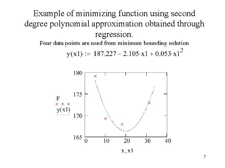 Example of minimizing function using second degree polynomial approximation obtained through regression. Four data Example of minimizing function using second degree polynomial approximation obtained through regression. Four data