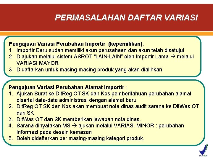 PERMASALAHAN DAFTAR VARIASI Pengajuan Variasi Perubahan Importir (kepemilikan): 1. Importir Baru sudah memiliki akun