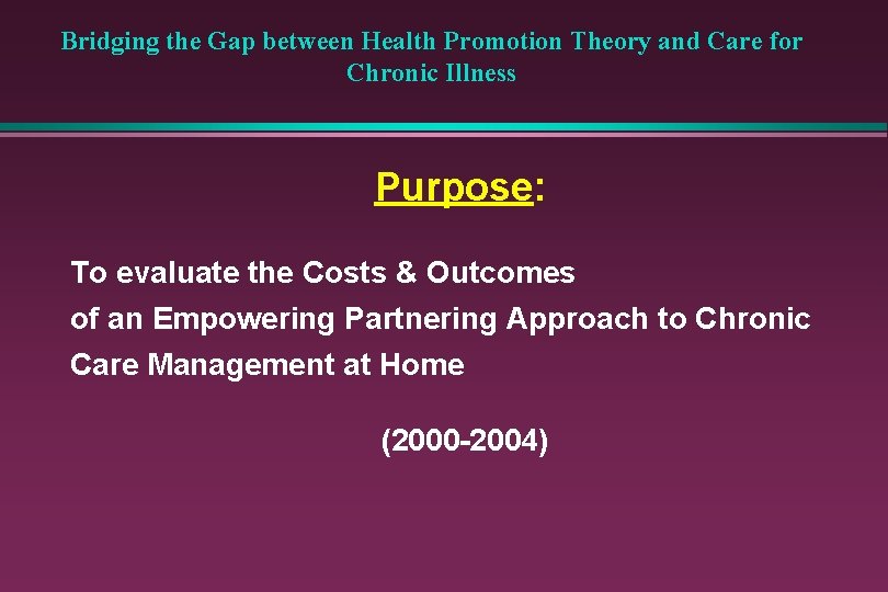 Bridging the Gap between Health Promotion Theory and Care for Chronic Illness Purpose: To