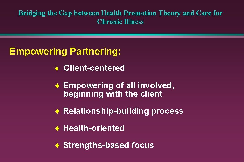 Bridging the Gap between Health Promotion Theory and Care for Chronic Illness Empowering Partnering: