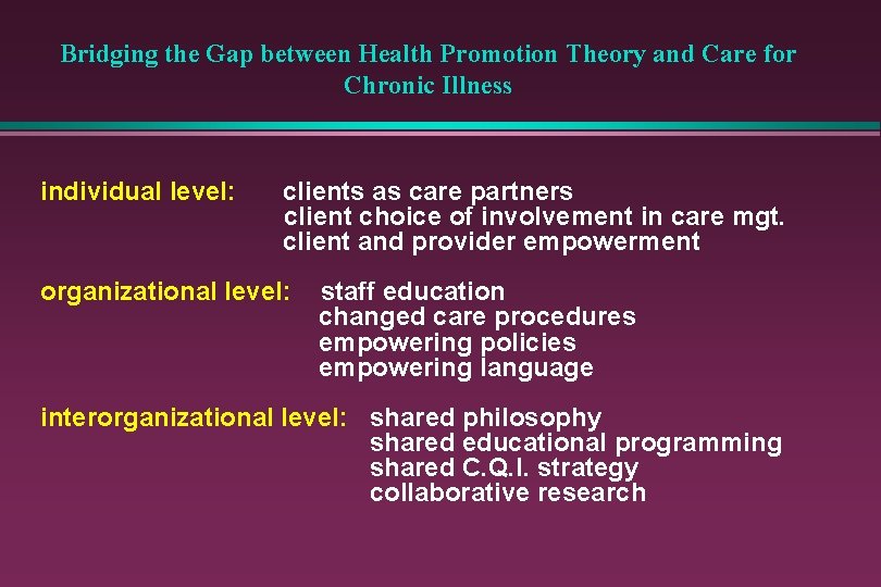 Bridging the Gap between Health Promotion Theory and Care for Chronic Illness individual level: