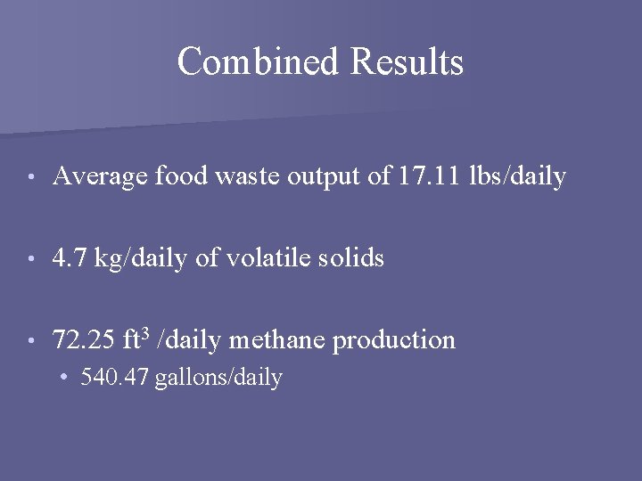 Combined Results • Average food waste output of 17. 11 lbs/daily • 4. 7