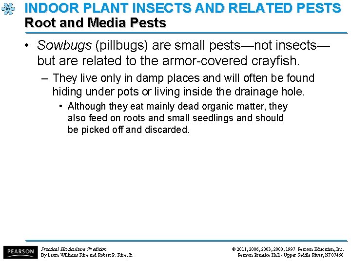 INDOOR PLANT INSECTS AND RELATED PESTS Root and Media Pests • Sowbugs (pillbugs) are