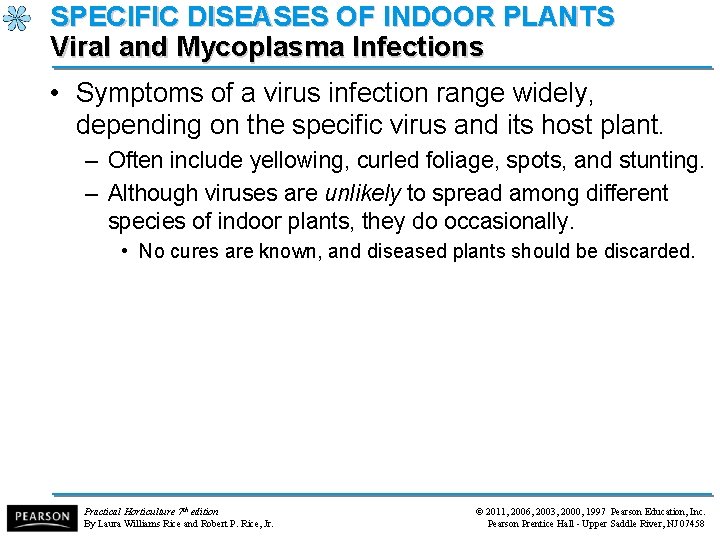 SPECIFIC DISEASES OF INDOOR PLANTS Viral and Mycoplasma Infections • Symptoms of a virus