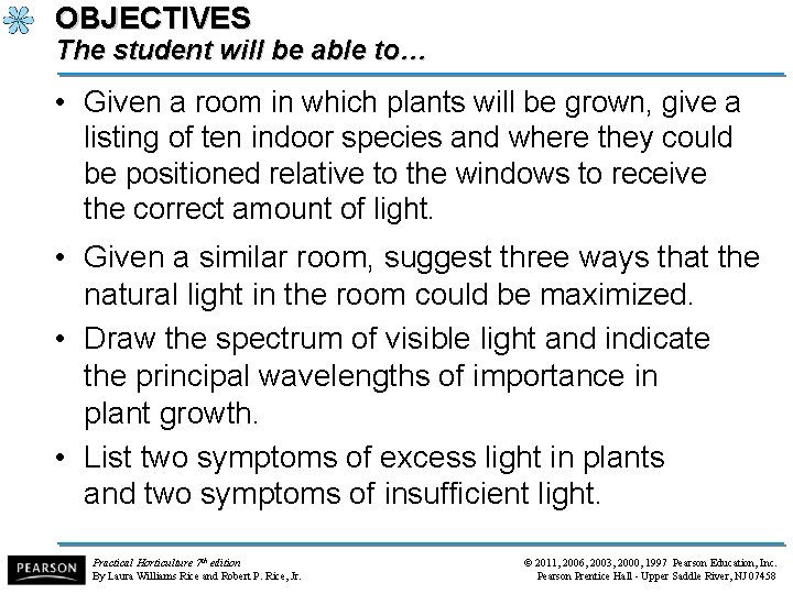 OBJECTIVES The student will be able to… • Given a room in which plants