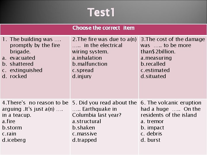Test 1 Choose the correct item 1. The building was …. promptly by the