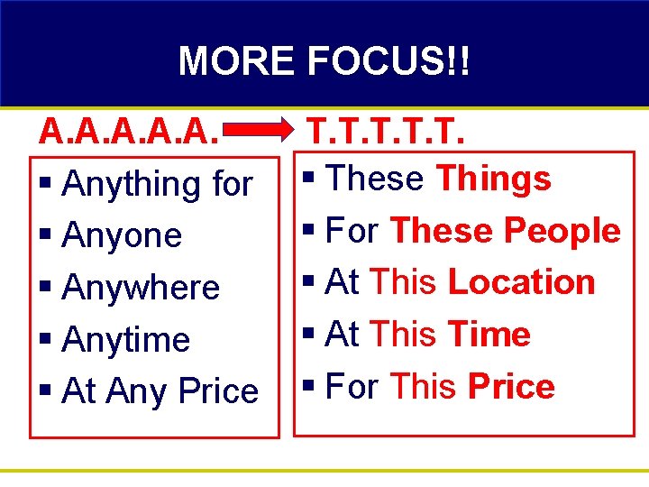 MORE FOCUS!! A. A. A. § Anything for § Anyone § Anywhere § Anytime