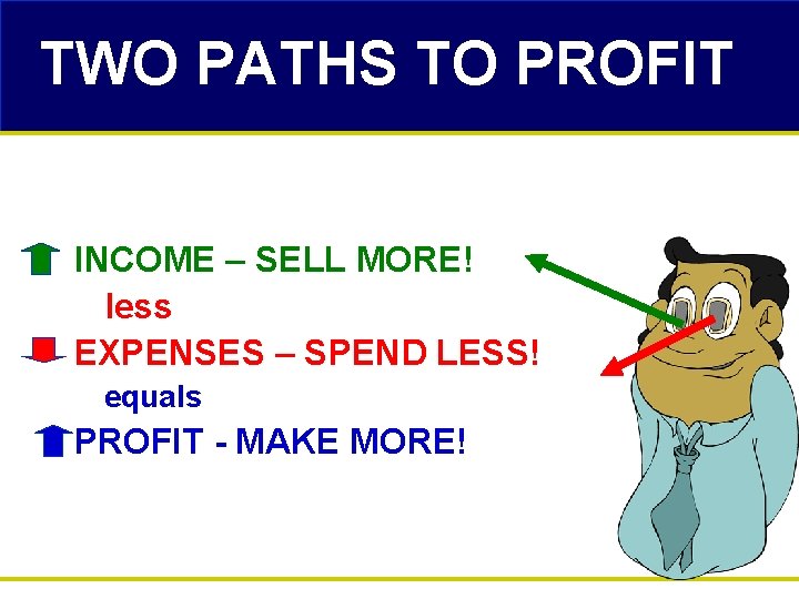 TWO PATHS TO PROFIT INCOME – SELL MORE! less EXPENSES – SPEND LESS! equals