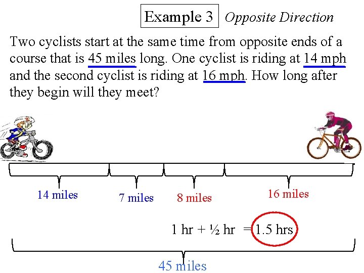 Example 3 Opposite Direction Two cyclists start at the same time from opposite ends