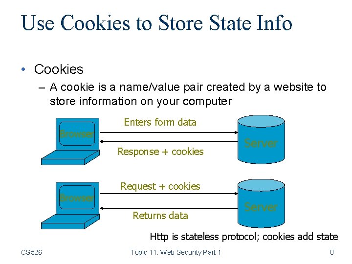 Use Cookies to Store State Info • Cookies – A cookie is a name/value