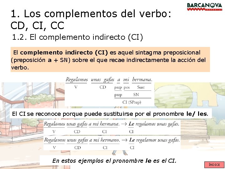 1. Los complementos del verbo: CD, CI, CC 1. 2. El complemento indirecto (CI)