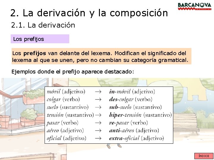 2. La derivación y la composición 2. 1. La derivación Los prefijos van delante