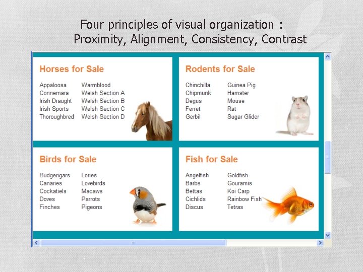 Four principles of visual organization : Proximity, Alignment, Consistency, Contrast 