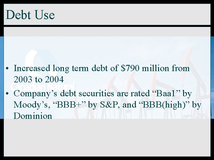 Debt Use • Increased long term debt of $790 million from 2003 to 2004