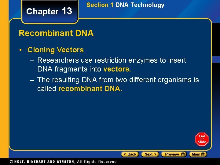 Chapter 13 Section 1 DNA Technology Recombinant DNA • Cloning Vectors – Researchers use