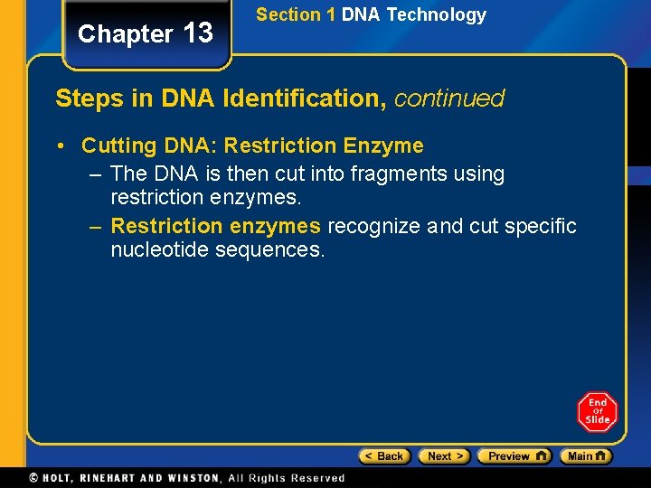 Chapter 13 Section 1 DNA Technology Steps in DNA Identification, continued • Cutting DNA: