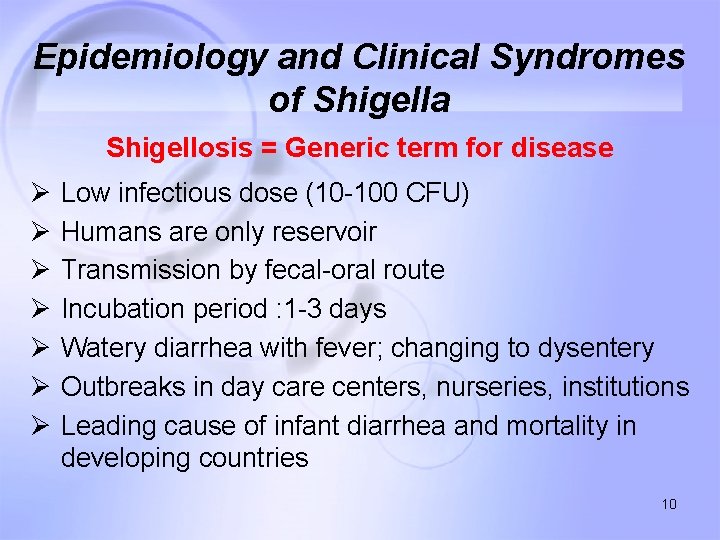 Epidemiology and Clinical Syndromes of Shigella Shigellosis = Generic term for disease Ø Ø