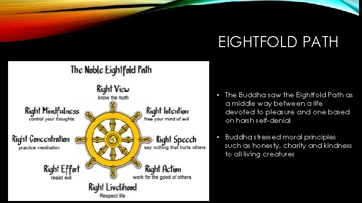 EIGHTFOLD PATH • The Buddha saw the Eightfold Path as a middle way between