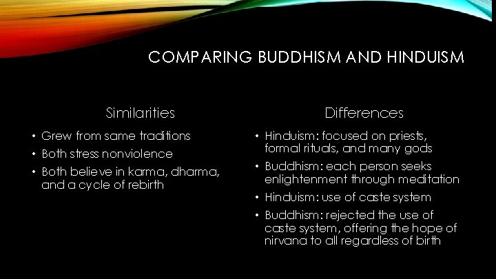 COMPARING BUDDHISM AND HINDUISM Similarities • Grew from same traditions • Both stress nonviolence