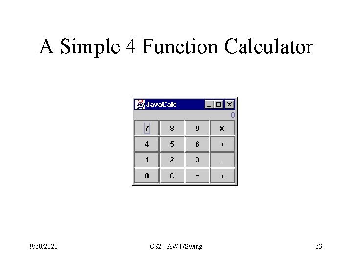 A Simple 4 Function Calculator 9/30/2020 CS 2 - AWT/Swing 33 