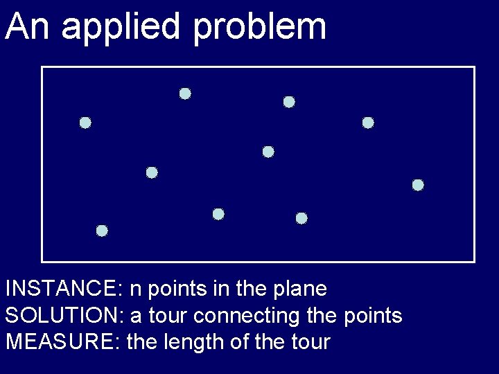An applied problem INSTANCE: n points in the plane SOLUTION: a tour connecting the
