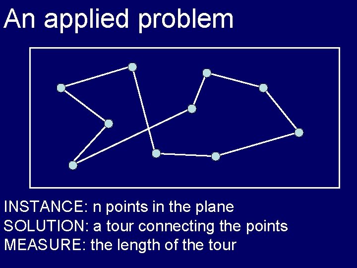 An applied problem INSTANCE: n points in the plane SOLUTION: a tour connecting the