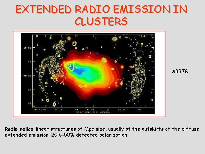 EXTENDED RADIO EMISSION IN CLUSTERS A 3376 Radio relics linear structures of Mpc size,