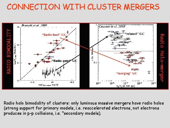 CONNECTION WITH CLUSTER MERGERS Radio halo bimodality of clusters: only luminous massive mergers have