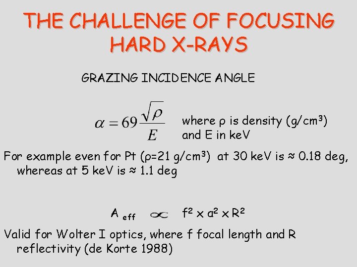THE CHALLENGE OF FOCUSING HARD X-RAYS GRAZING INCIDENCE ANGLE where ρ is density (g/cm