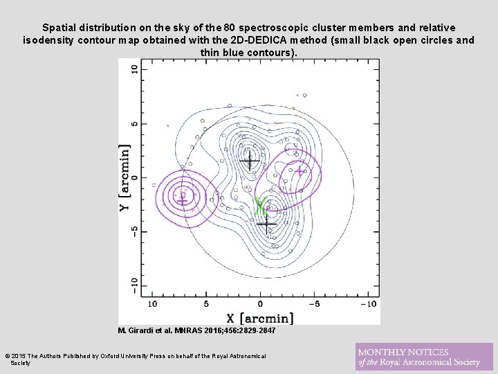 Spatial distribution on the sky of the 80 spectroscopic cluster members and relative isodensity