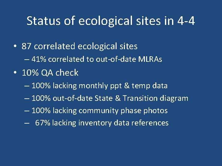 Status of ecological sites in 4 -4 • 87 correlated ecological sites – 41%