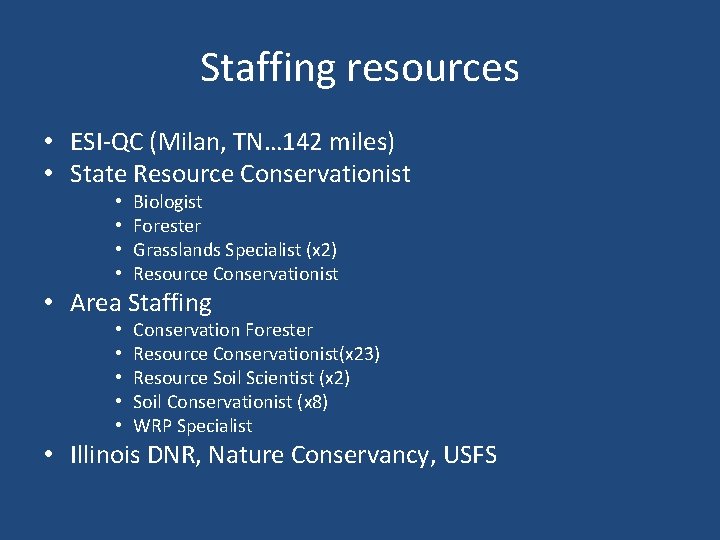 Staffing resources • ESI-QC (Milan, TN… 142 miles) • State Resource Conservationist • •