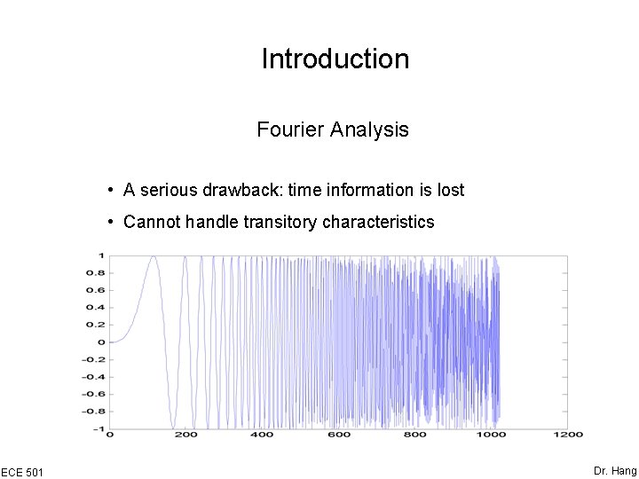 Introduction Fourier Analysis • A serious drawback: time information is lost • Cannot handle