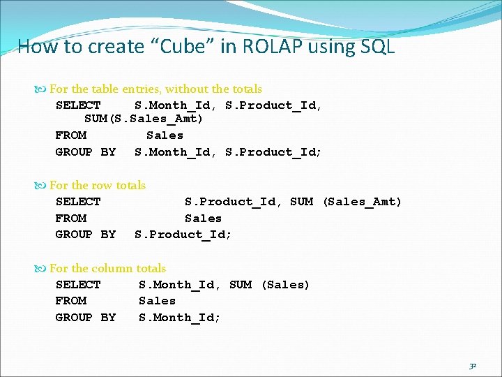 How to create “Cube” in ROLAP using SQL For the table entries, without the