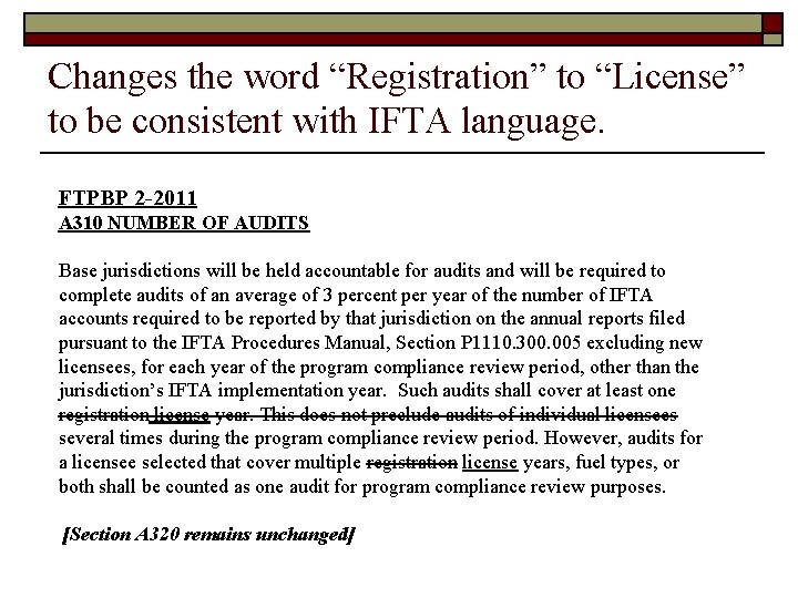 Changes the word “Registration” to “License” to be consistent with IFTA language. FTPBP 2