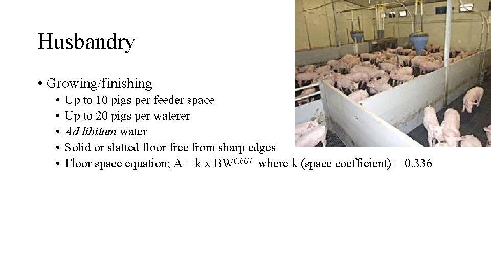 Husbandry • Growing/finishing • • • Up to 10 pigs per feeder space Up