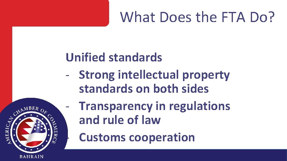 What Does the FTA Do? Unified standards - Strong intellectual property standards on both