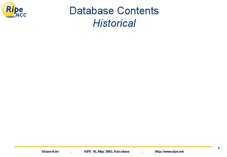 Database Contents Historical Shane Kerr . RIPE 45, May 2003, Barcelona . http: //www.