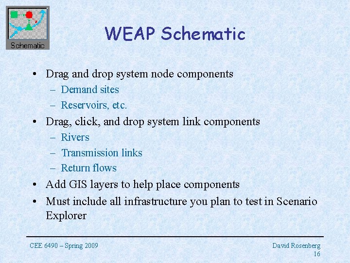 WEAP Schematic • Drag and drop system node components – Demand sites – Reservoirs,