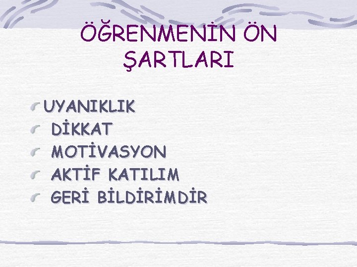 ÖĞRENMENİN ÖN ŞARTLARI UYANIKLIK DİKKAT MOTİVASYON AKTİF KATILIM GERİ BİLDİRİMDİR 