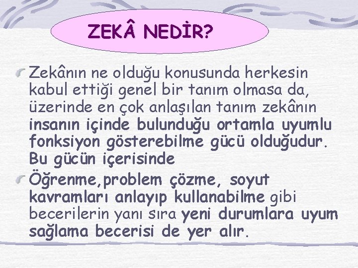 ZEK NEDİR? Zekânın ne olduğu konusunda herkesin kabul ettiği genel bir tanım olmasa da,