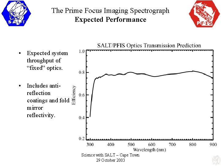 The Prime Focus Imaging Spectrograph Expected Performance • Expected system throughput of “fixed” optics.