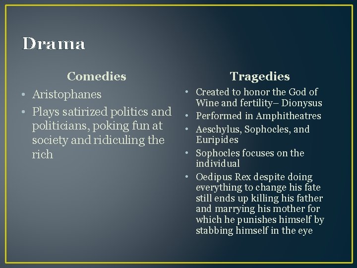 Drama Comedies • Aristophanes • Plays satirized politics and politicians, poking fun at society