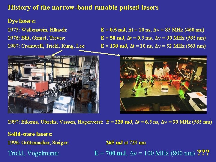 History of the narrow-band tunable pulsed lasers Dye lasers: 1975: Wallenstein, Hänsch: 1976: Blit,