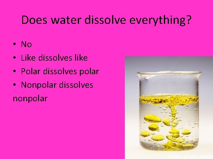 Does water dissolve everything? • No • Like dissolves like • Polar dissolves polar