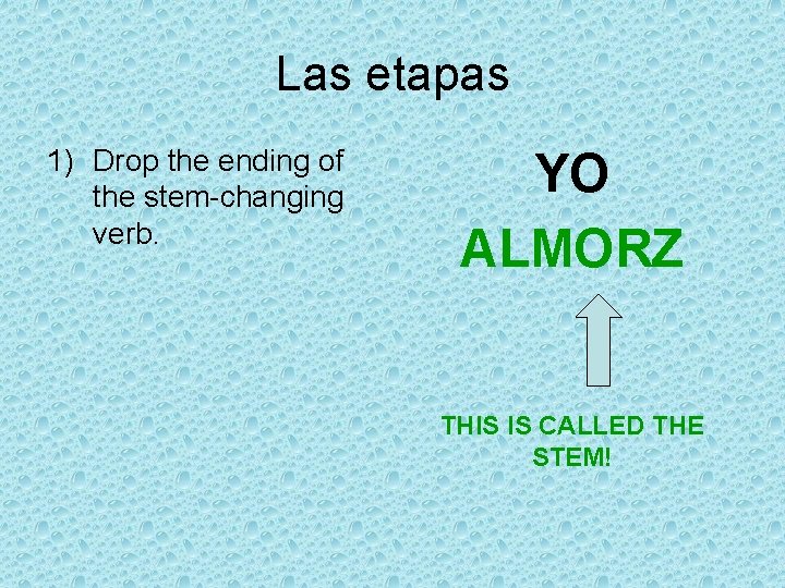Las etapas 1) Drop the ending of the stem-changing verb. YO ALMORZ THIS IS