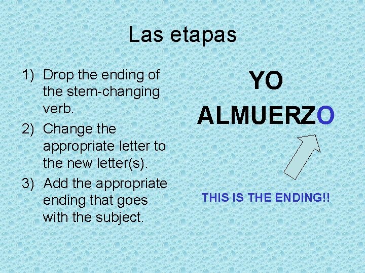 Las etapas 1) Drop the ending of the stem-changing verb. 2) Change the appropriate