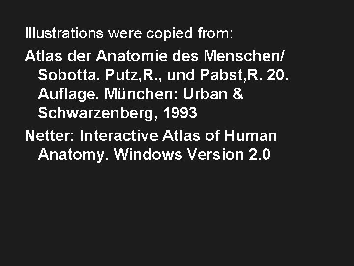 Illustrations were copied from: Atlas der Anatomie des Menschen/ Sobotta. Putz, R. , und