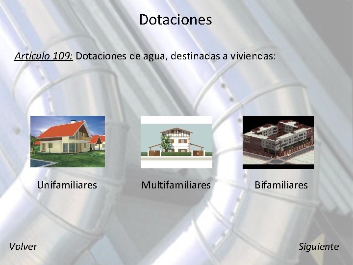 Dotaciones Artículo 109: Dotaciones de agua, destinadas a viviendas: Unifamiliares Volver Multifamiliares Bifamiliares Siguiente